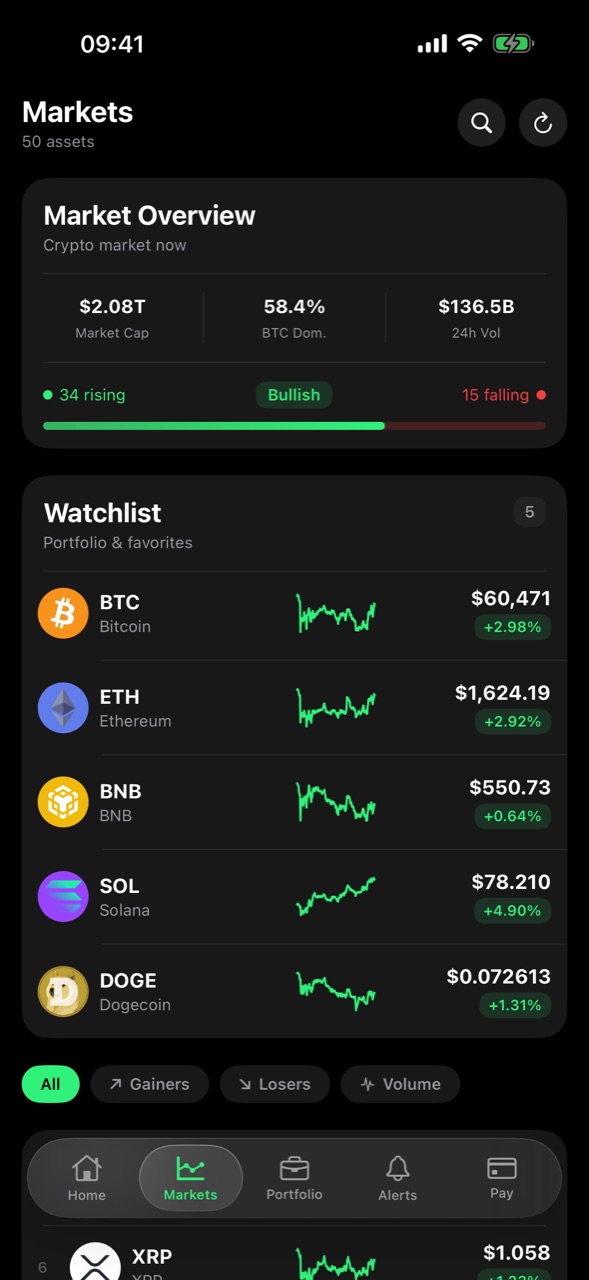 Wealther markets screen with live coin prices and 24h changes